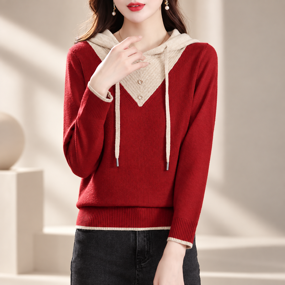 Genevieve Colorblock Hooded Knit Sweater with Button Detail
