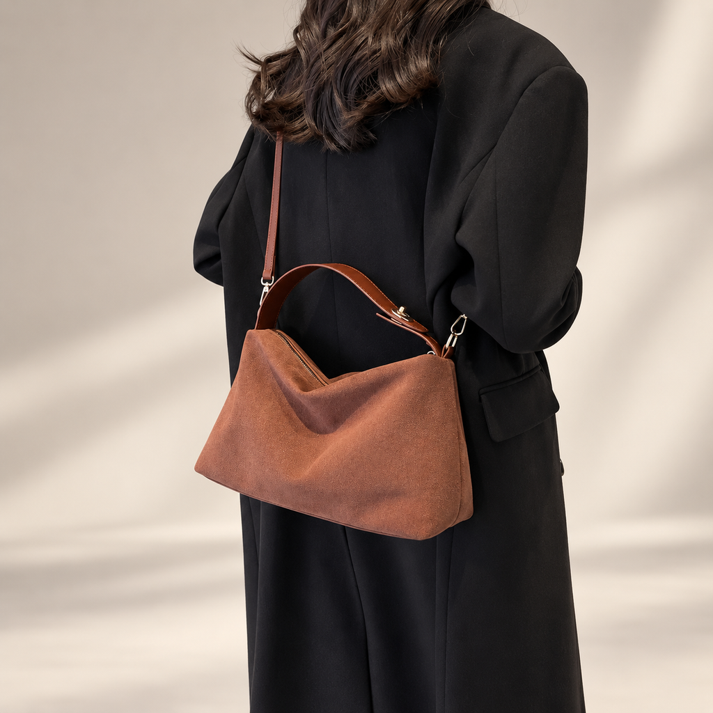 Alessia Suede-Look Shoulder Bag with Top Handle and Adjustable Crossbody Strap
