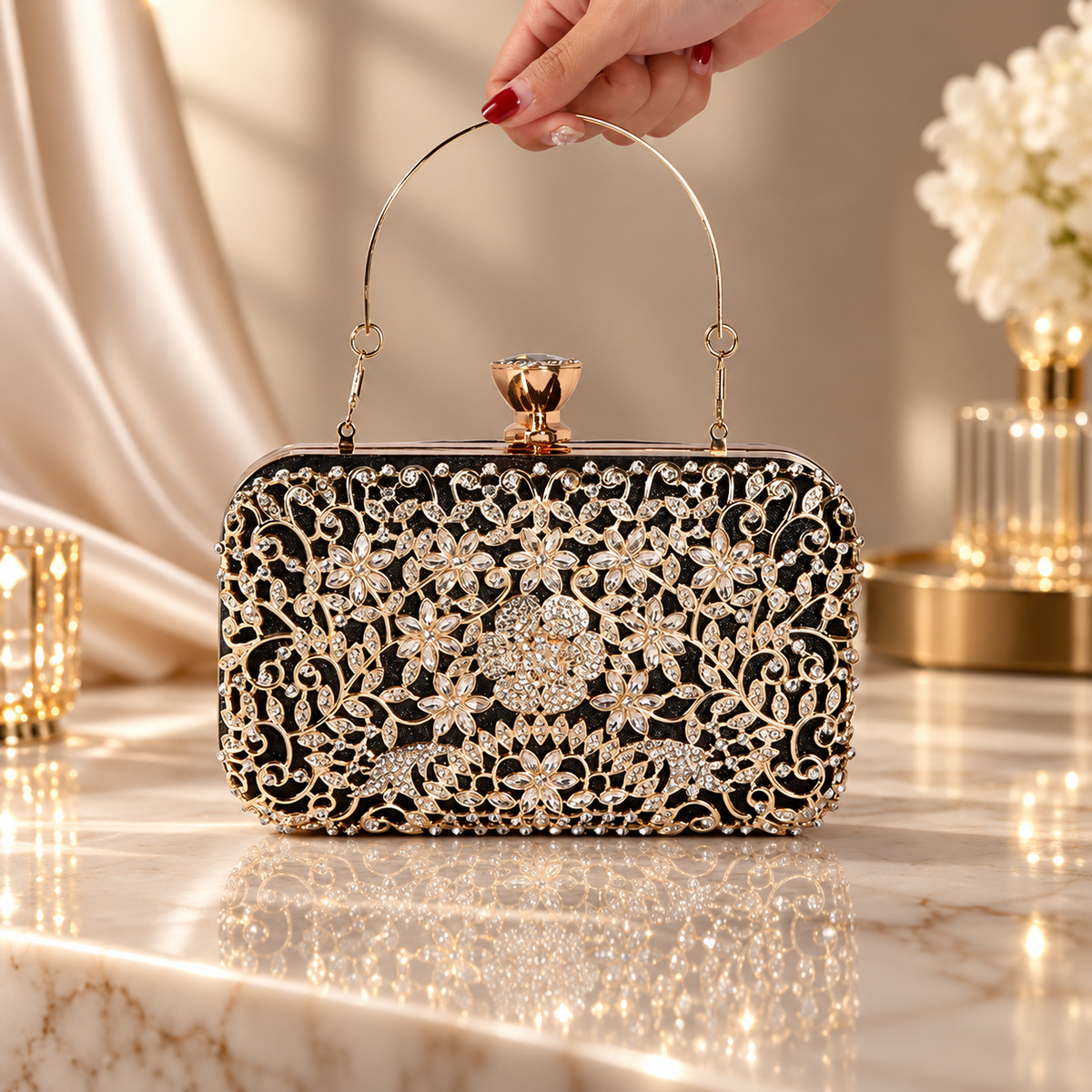 Seraphina Crystal Floral Evening Clutch with Top Handle