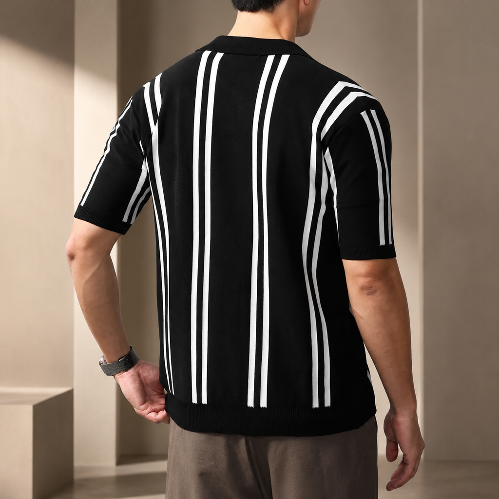 Étienne Men’s Striped Knit Polo Cardigan – Short Sleeve Button-Front Shirt