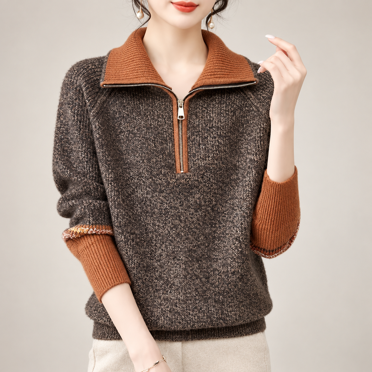 Margot Women's Colorblock Half-Zip Knit Sweater with Ribbed Collar