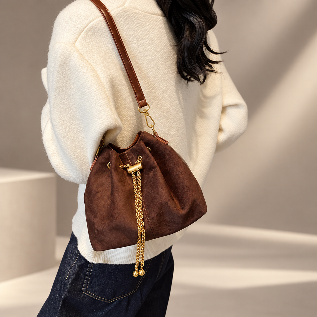 Sofia Women’s Suede-Look Drawstring Bucket Bag – Chain Detail Shoulder & Crossbody Handbag