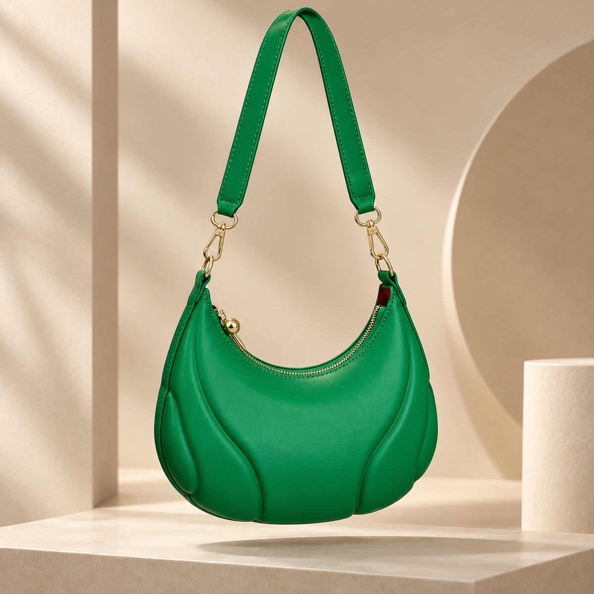 Margot Crescent Shoulder Bag with Sculpted Panel Design and Zip Closure