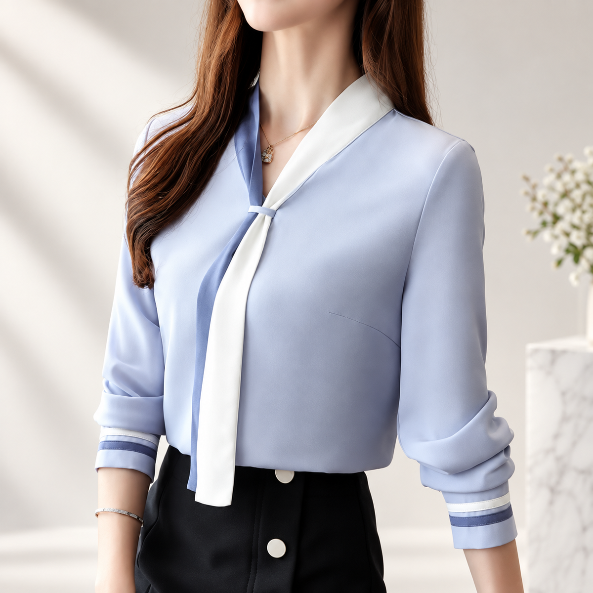 Madeleine Contrast Scarf Neck Blouse – Long Sleeve Office Top