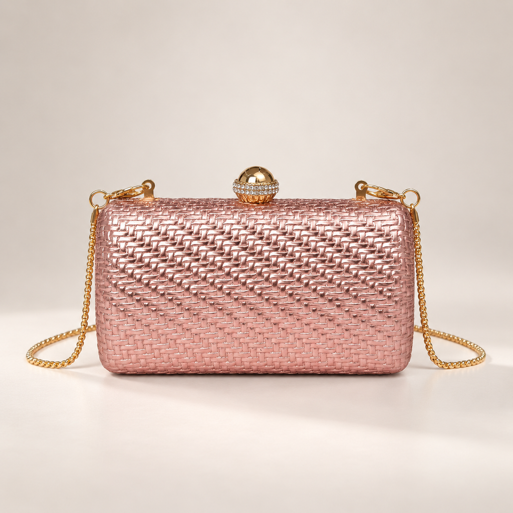 Rosalie Metallic Woven Evening Clutch with Crystal Ball Clasp & Chain Strap