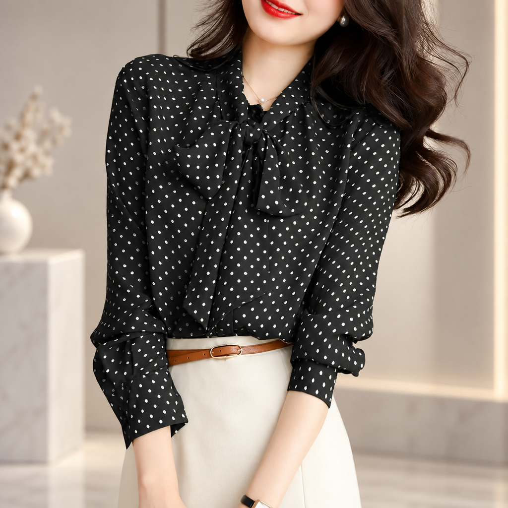 Vivienne Polka Dot Bow Tie Long Sleeve Blouse