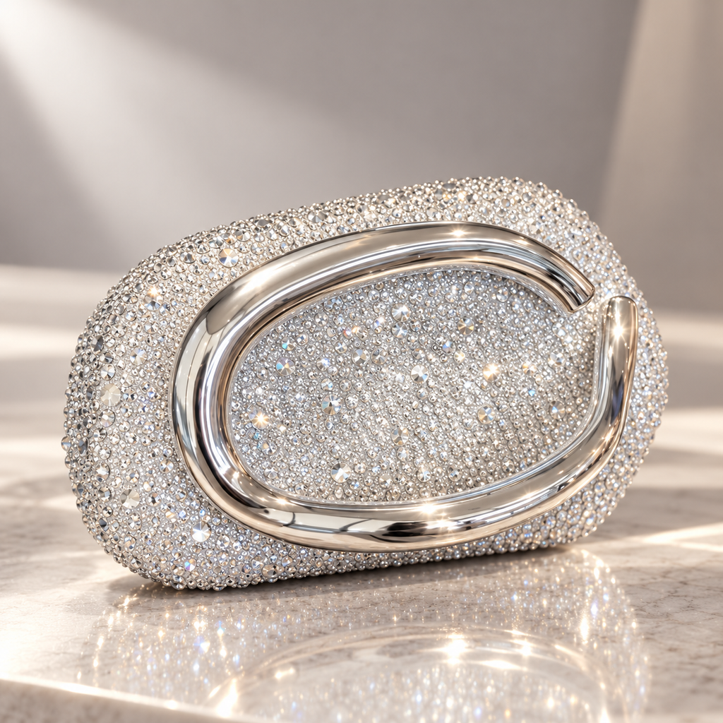 Genevieve Crystal Evening Clutch with Sculptural Metal Handle & Chain Strap