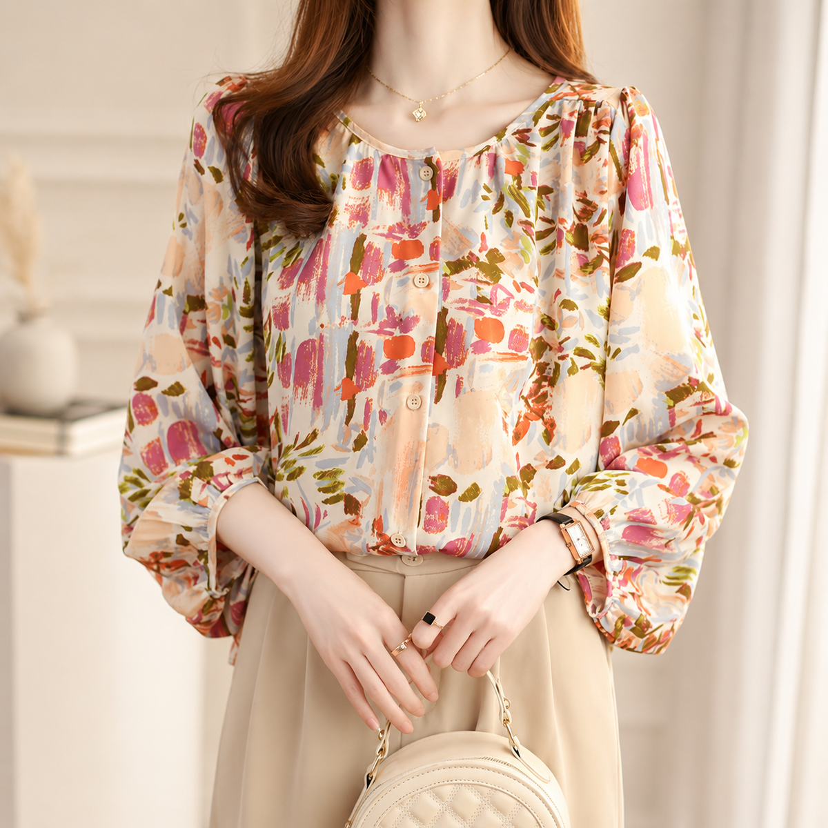 Lucienne Women’s Printed Button-Front Blouse – Relaxed Long Sleeve Top