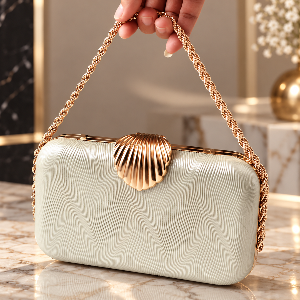 Amélie Shell Clasp Evening Clutch with Gold Chain