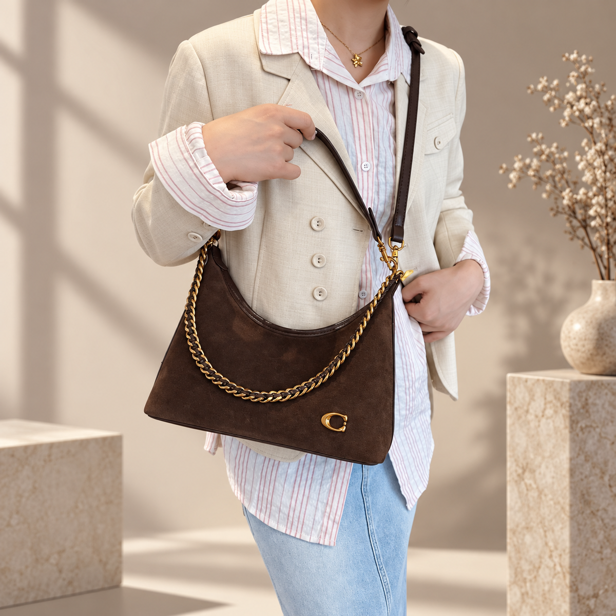 Lorenza Suede-Look Hobo Shoulder Bag with Chain Detail