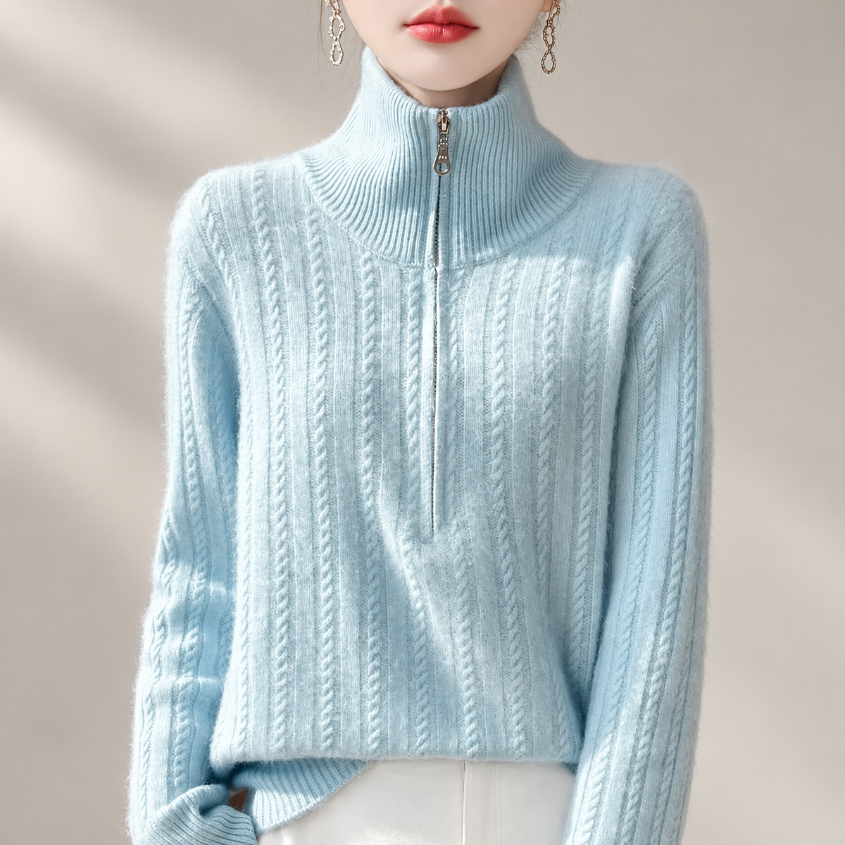 Lucienne Cable Knit Half-Zip Mock Neck Sweater