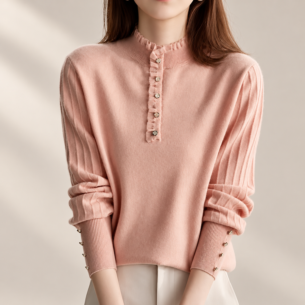 Vivienne Women's Ruffle Mock Neck Knit Sweater with Button Placket