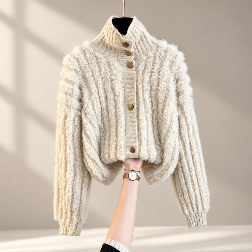 Elodie Women's Fuzzy Textured Knit Button-Front Cardigan with Stand Collar