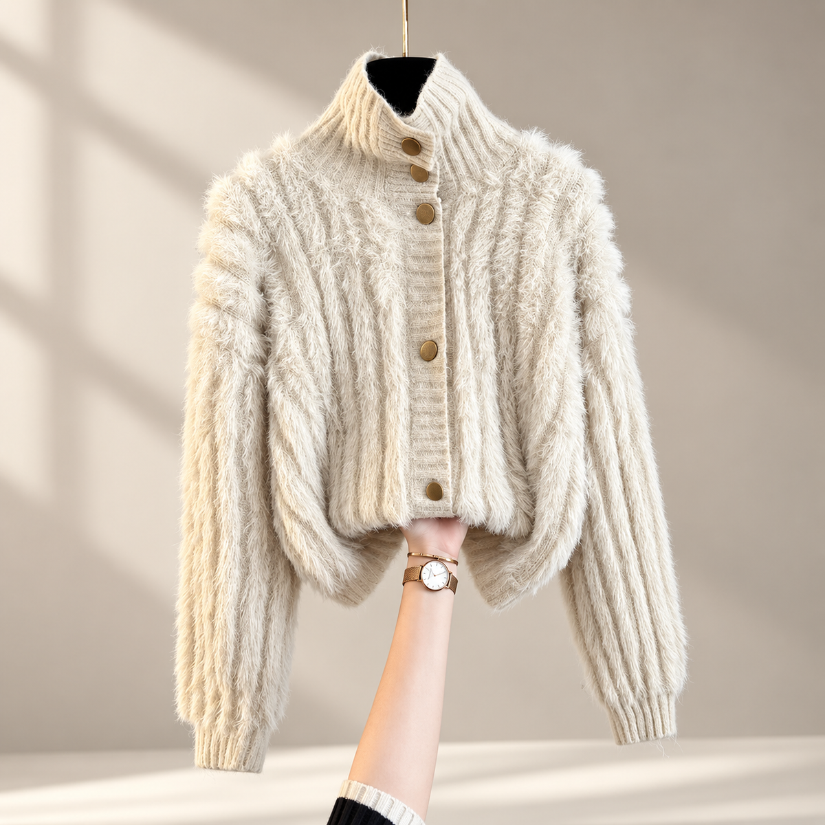 Elodie Women's Fuzzy Textured Knit Button-Front Cardigan with Stand Collar