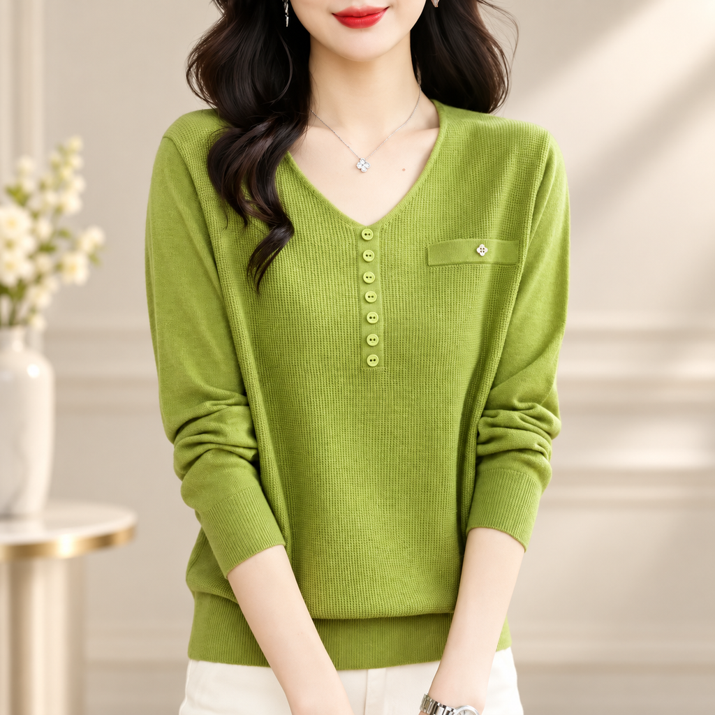Marina Women’s V-Neck Button Detail Knit Sweater – Long Sleeve Pullover Top