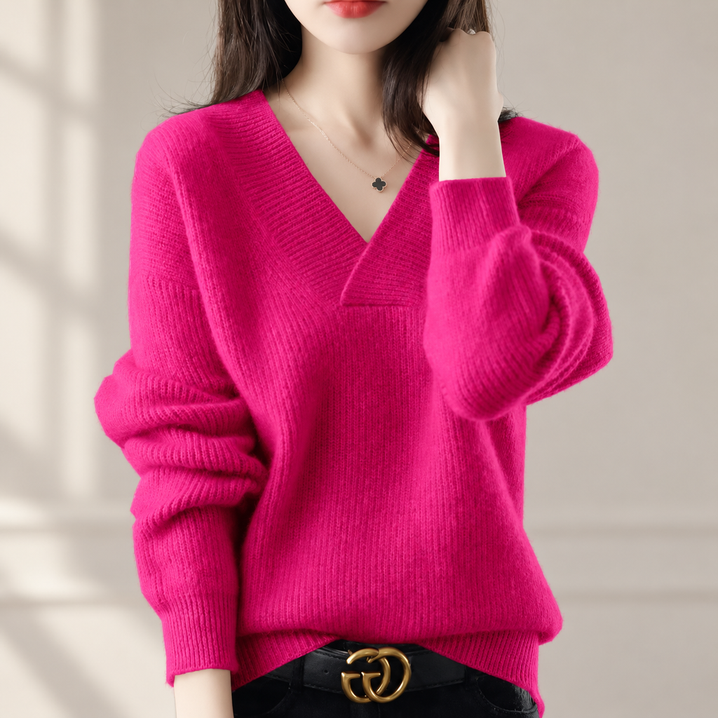 Elodie Women’s V-Neck Knit Sweater – Relaxed Fit Long Sleeve Pullover