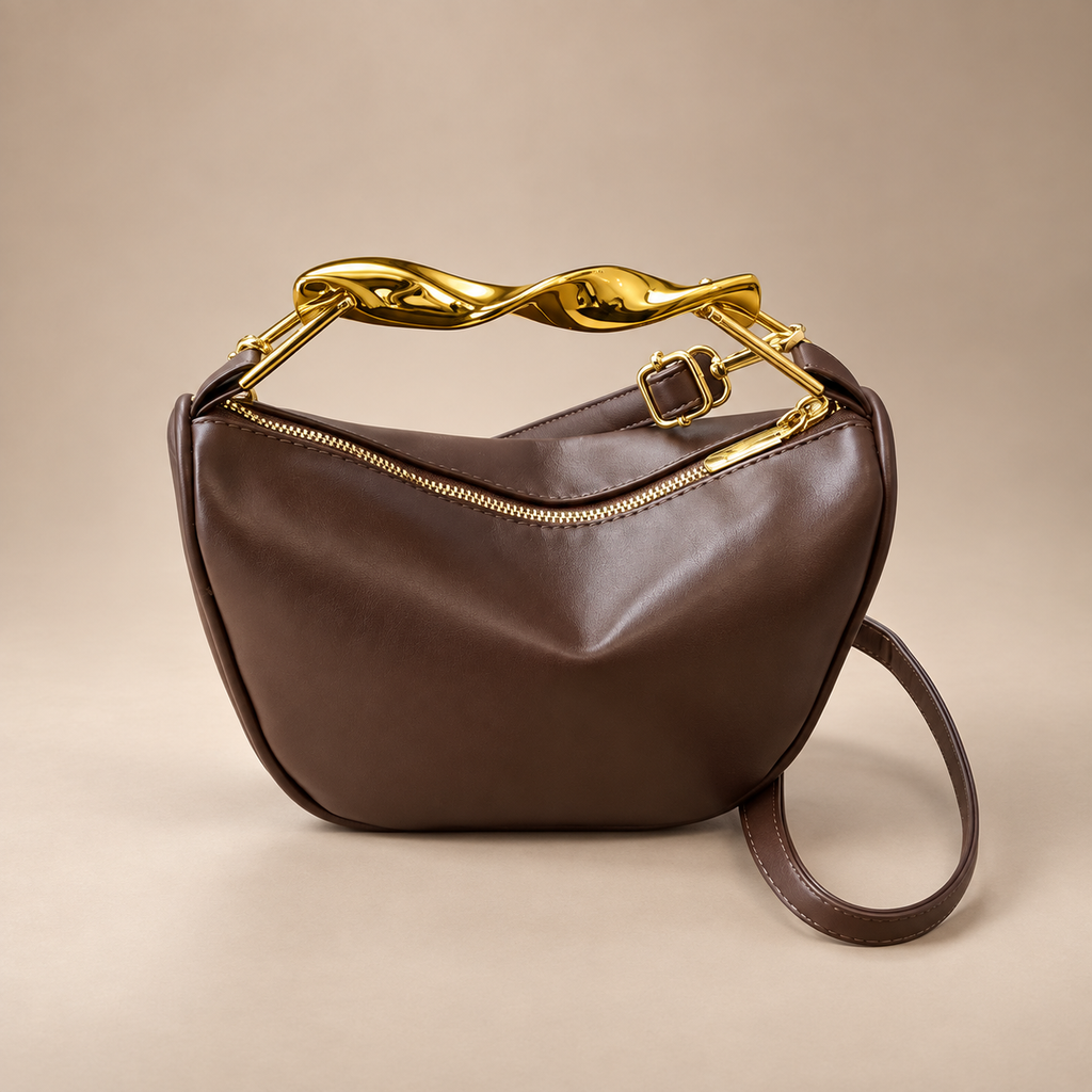 Genevieve Crescent Shoulder Bag – Sculpted Gold-Tone Handle Crossbody Handbag