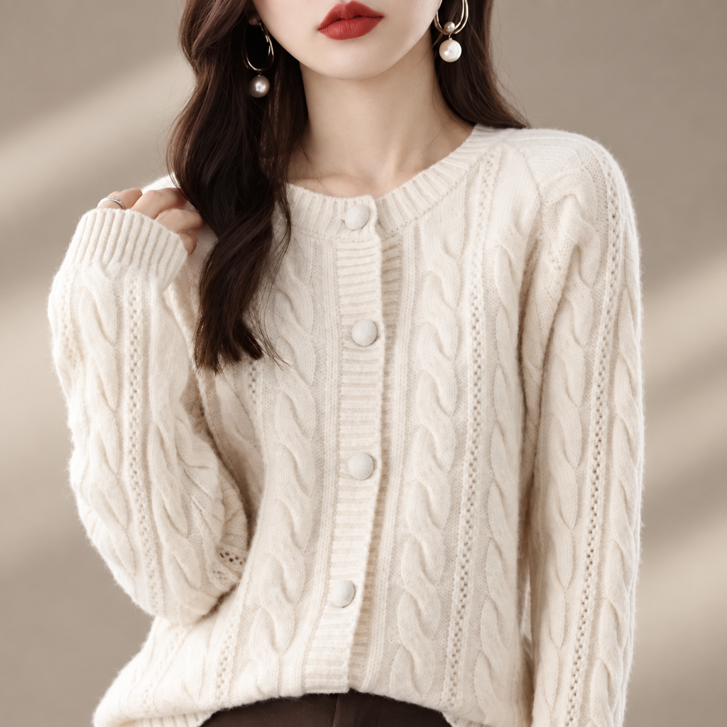 Marianne Cable Knit Button Cardigan – Women’s Crew Neck Long Sleeve Sweater