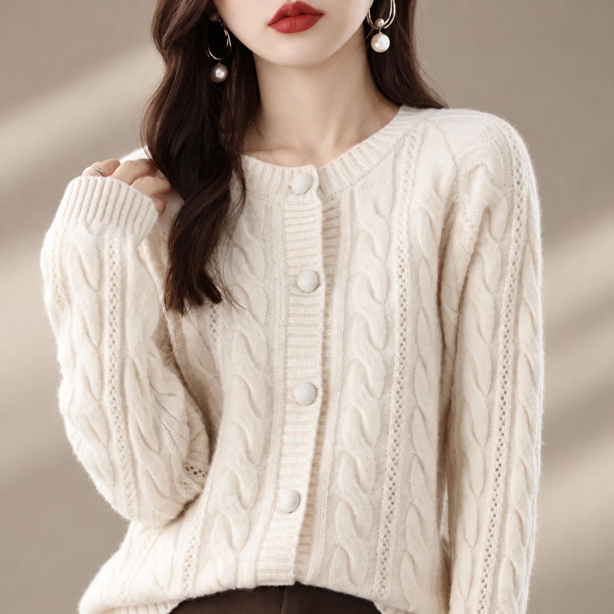 Marianne Cable Knit Button Cardigan – Women’s Crew Neck Long Sleeve Sweater