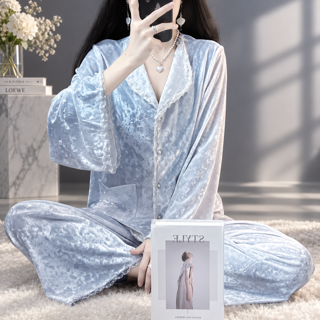 Valentina Velvet-Look Lace Trim Button-Front Pajama Set