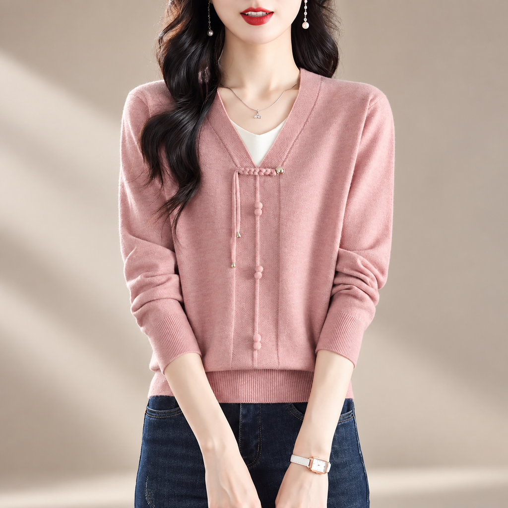 Alessia Women's V-Neck Knit Sweater with Decorative Tie Detail