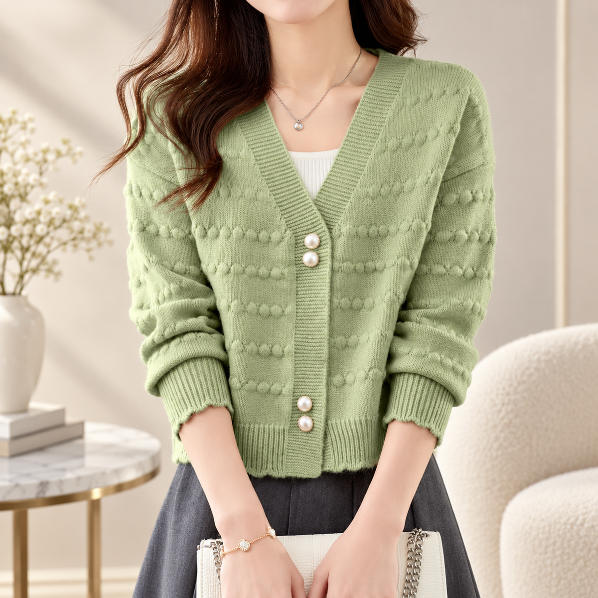 Serafina Women's Textured V-Neck Knit Cardigan with Pearl-Style Buttons