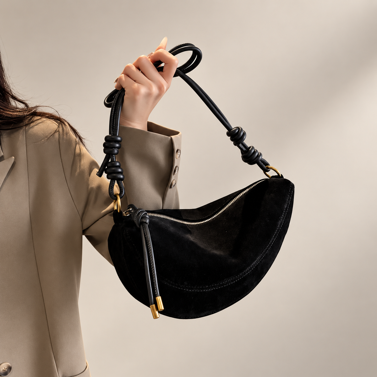 Elodie Crescent Suede-Look Crossbody Bag with Knotted Strap