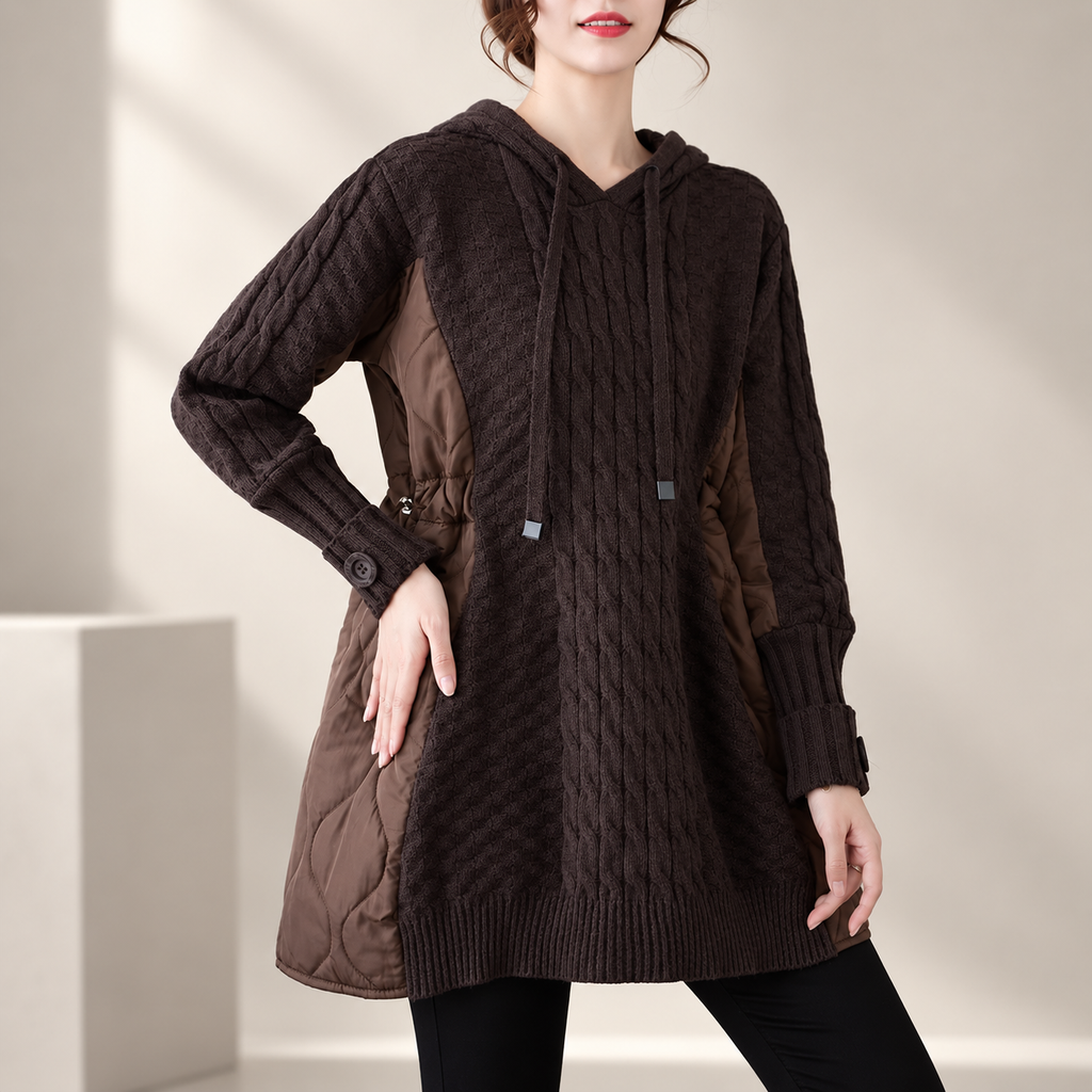 Bianca Women's Cable Knit Hooded Sweater Coat with Quilted Panels