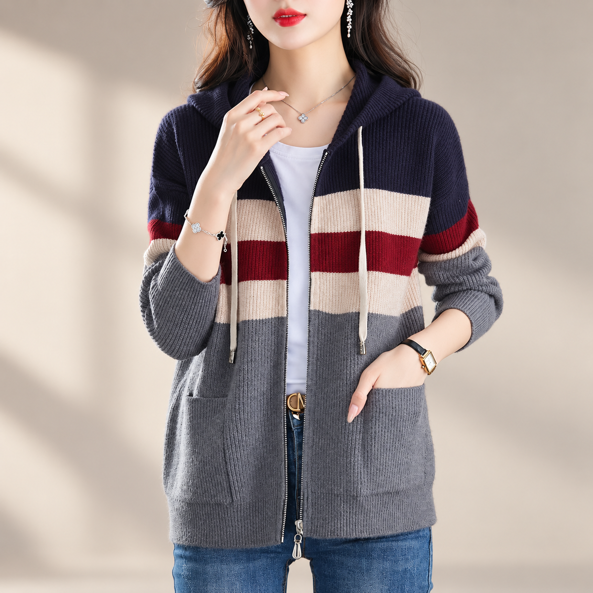Adriana Women's Colorblock Zip-Front Hooded Knit Cardigan with Pockets