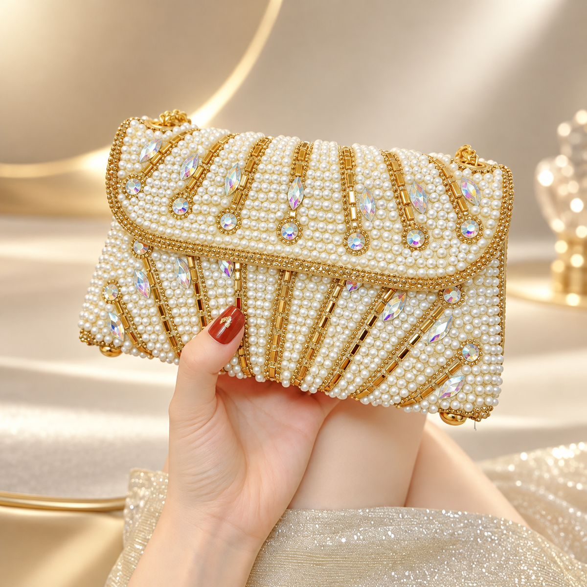 Vivienne Pearl & Crystal Embellished Evening Clutch Bag