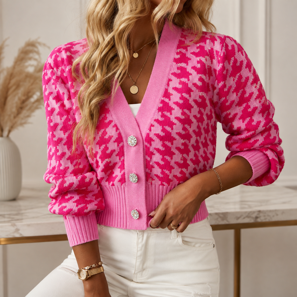 Amelia Women’s Patterned Knit Button Cardigan – Cropped Soft Knit Sweater