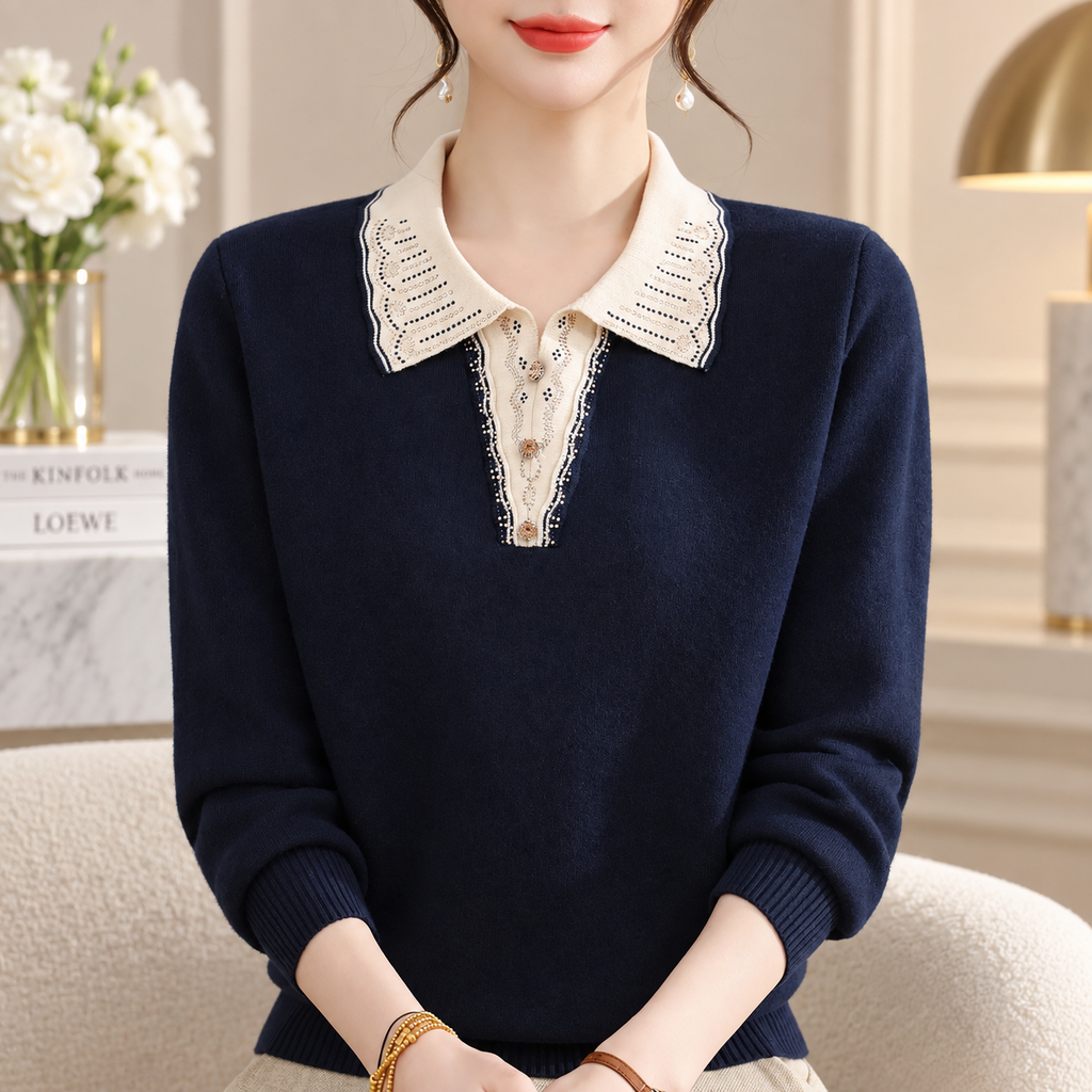 Genevieve Women's Contrast Collar Knit Sweater with Decorative Button Detail