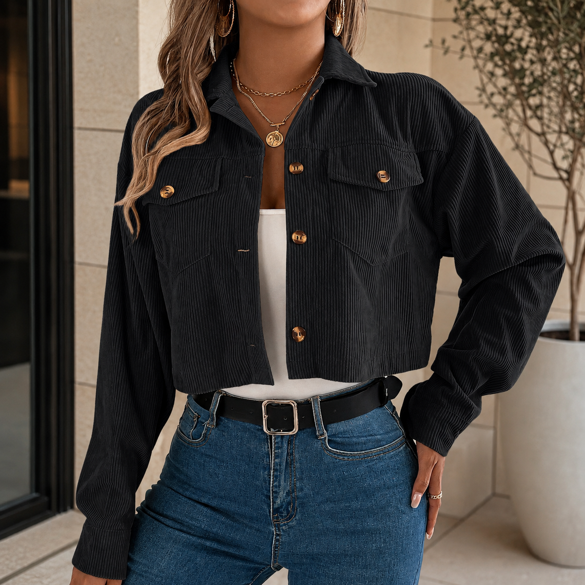 Madison Cropped Corduroy-Texture Jacket