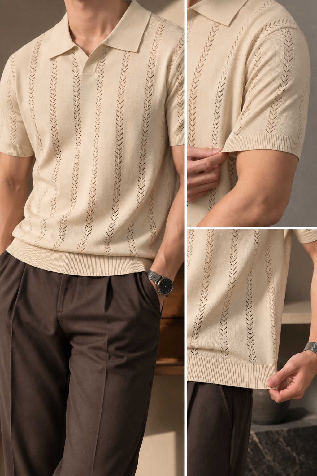 Lucien Men’s Open-Collar Knit Polo Shirt – Short Sleeve Textured Pullover