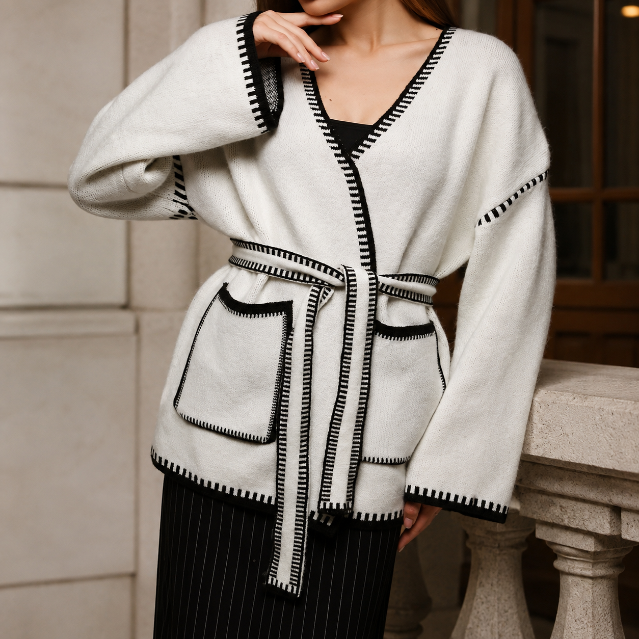 Margot Women's Belted Contrast-Trim Knit Cardigan