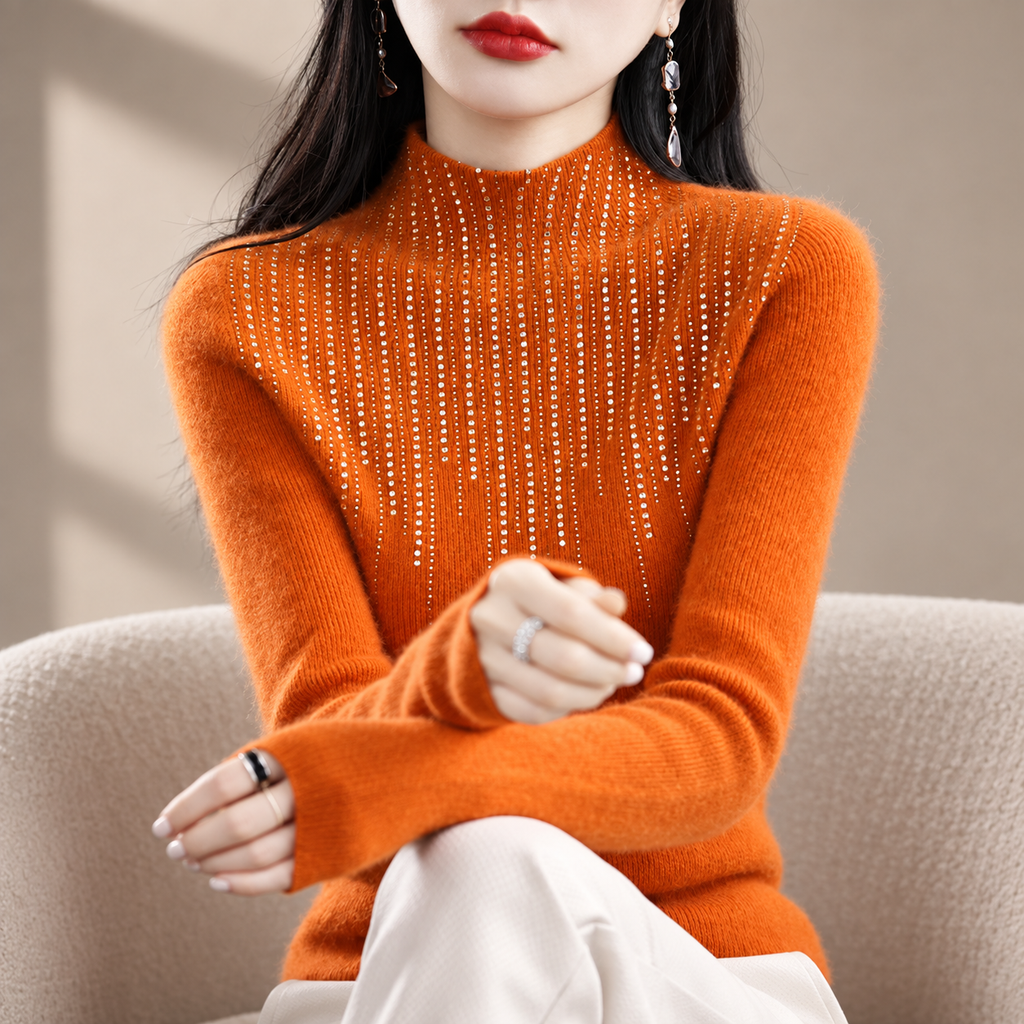 Valentina Women’s Mock Neck Rhinestone Knit Sweater – Long Sleeve Fitted Pullover
