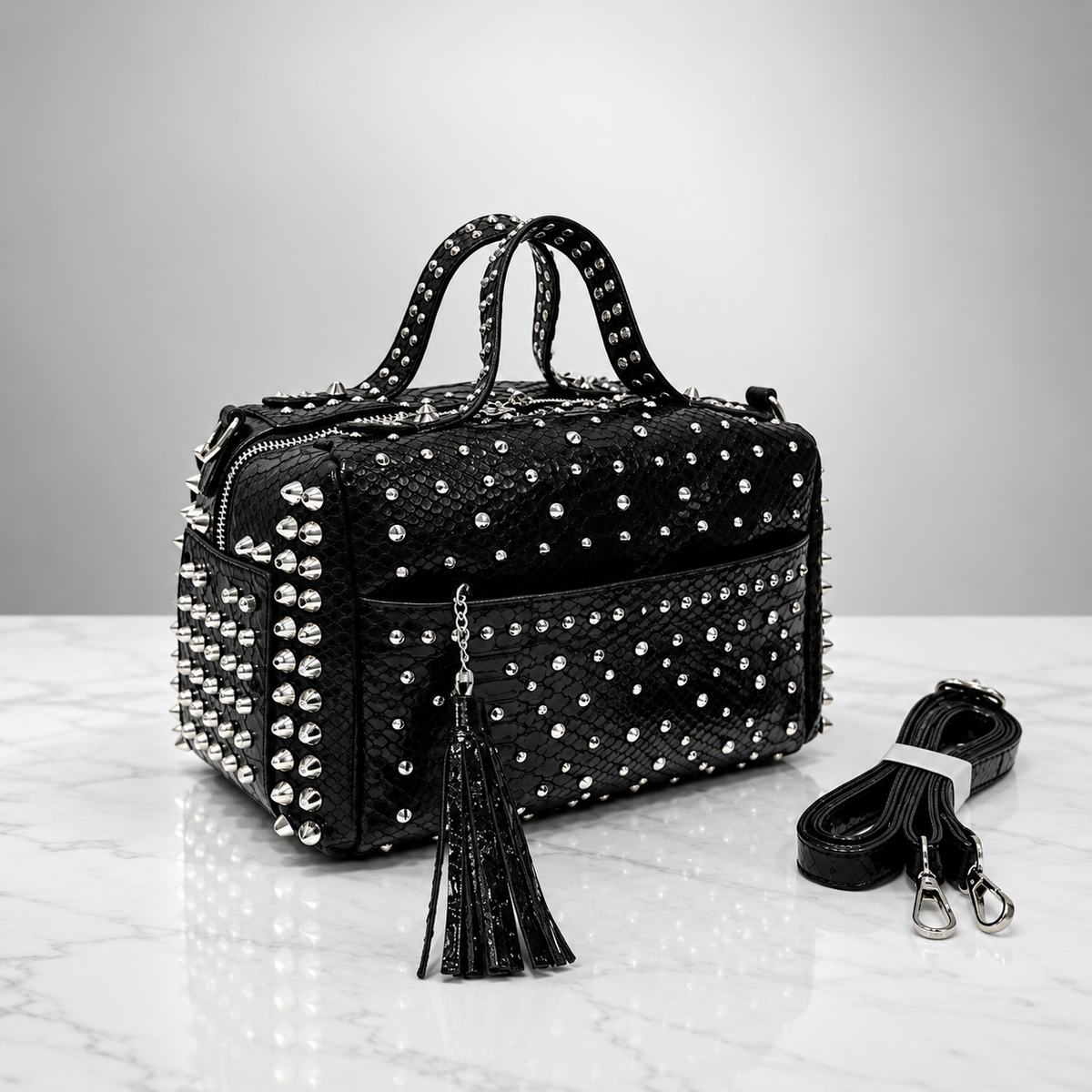 Camille Studded Reptile-Texture Satchel Handbag with Detachable Strap