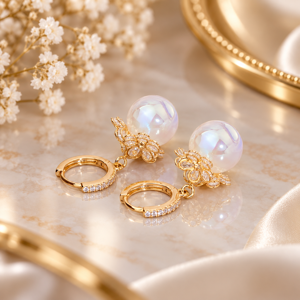 Amélie Floral Pearl Drop Hoop Earrings – Crystal Flower Statement Earrings
