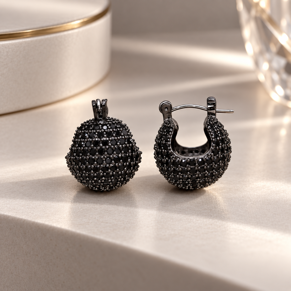 Cecilia Pavé Dome Hoop Earrings – Crystal Statement Earrings in Gold, Silver or Black Tone