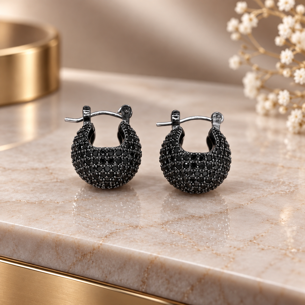 Cecilia Pavé Dome Hoop Earrings – Crystal Statement Earrings in Gold, Silver or Black Tone