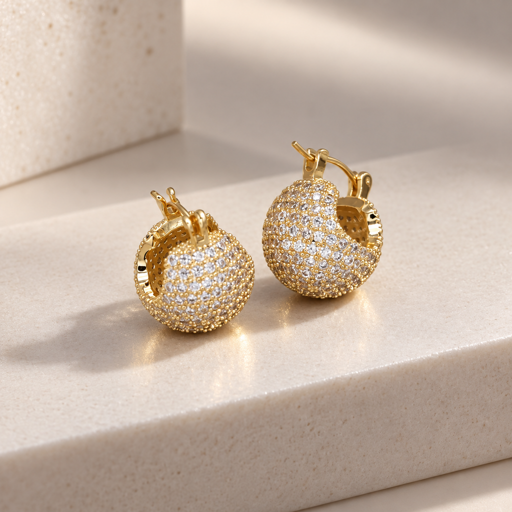 Cecilia Pavé Dome Hoop Earrings – Crystal Statement Earrings in Gold, Silver or Black Tone