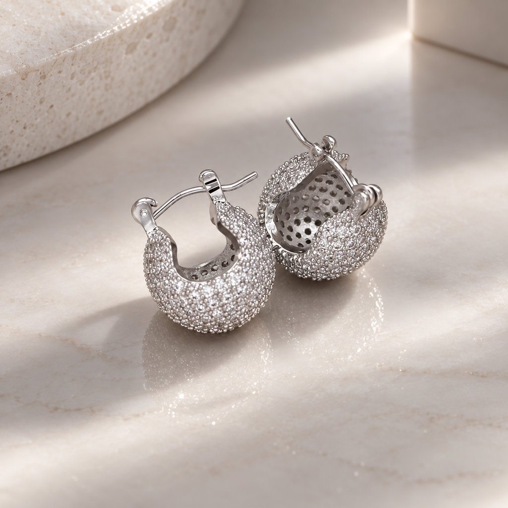 Cecilia Pavé Dome Hoop Earrings – Crystal Statement Earrings in Gold, Silver or Black Tone