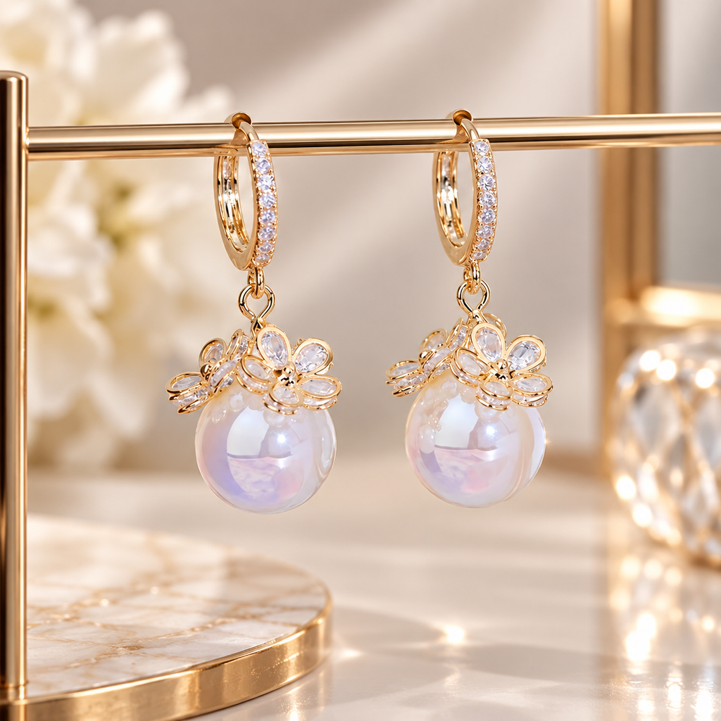 Amélie Floral Pearl Drop Hoop Earrings – Crystal Flower Statement Earrings