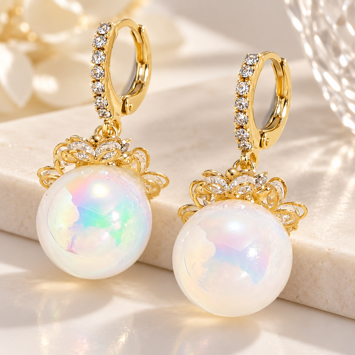 Amélie Floral Pearl Drop Hoop Earrings – Crystal Flower Statement Earrings