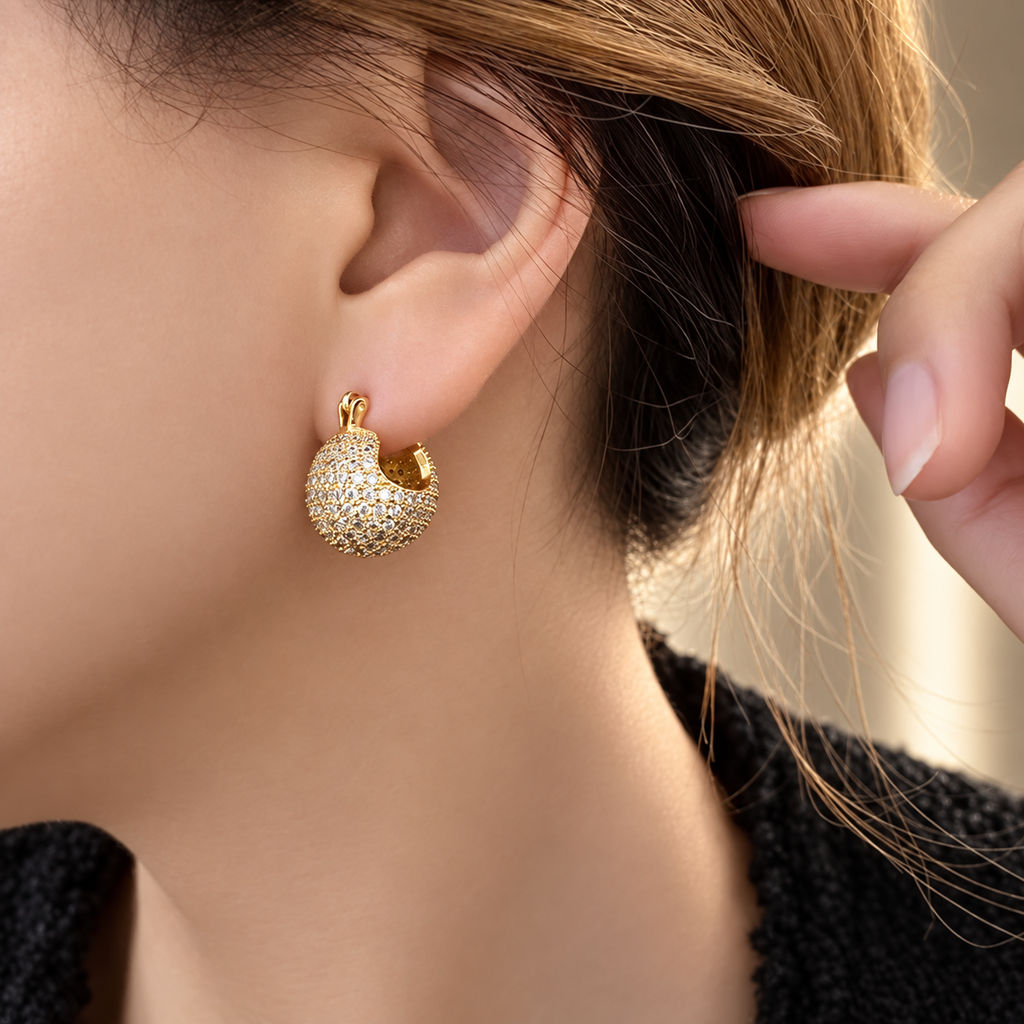 Cecilia Pavé Dome Hoop Earrings – Crystal Statement Earrings in Gold, Silver or Black Tone