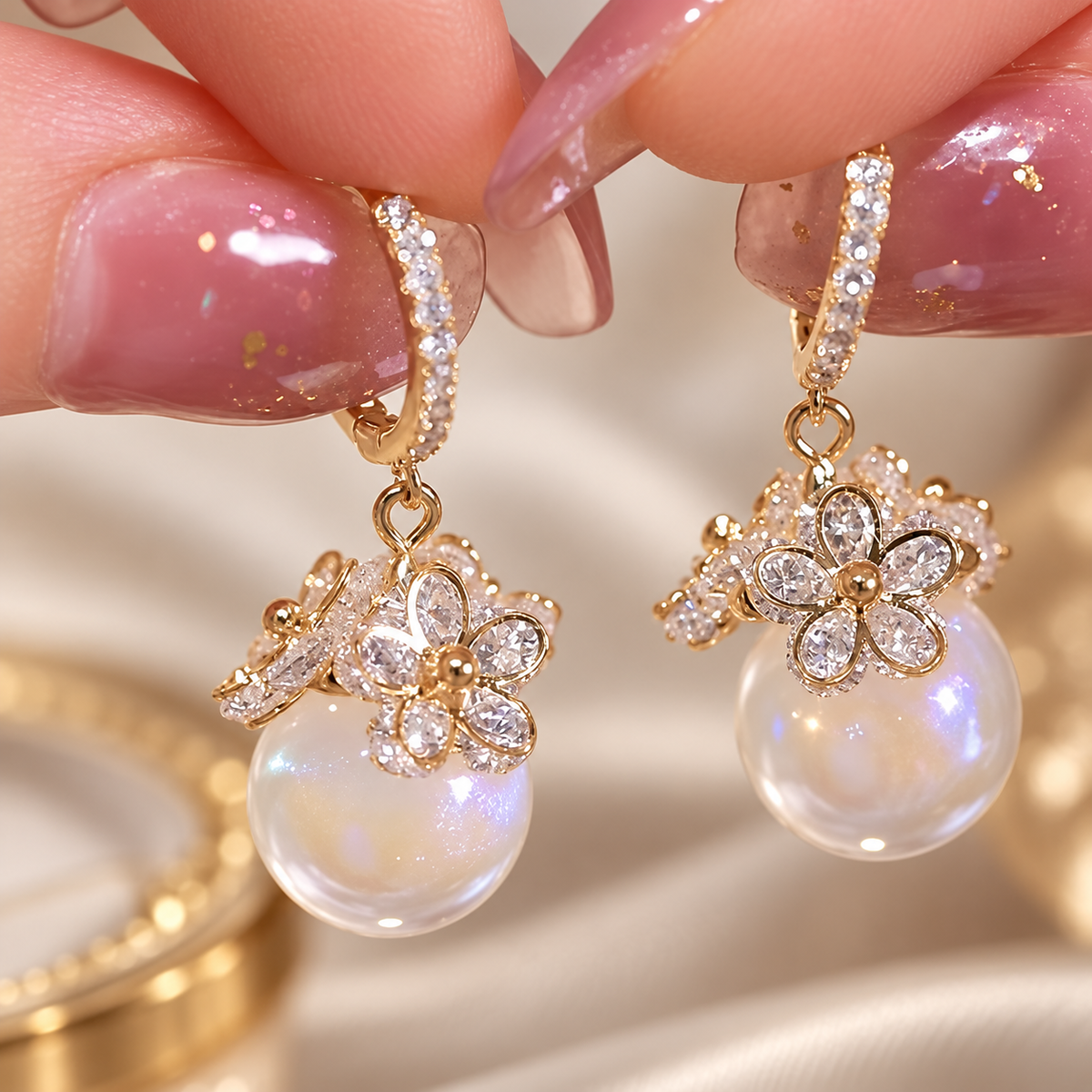 Amélie Floral Pearl Drop Hoop Earrings – Crystal Flower Statement Earrings