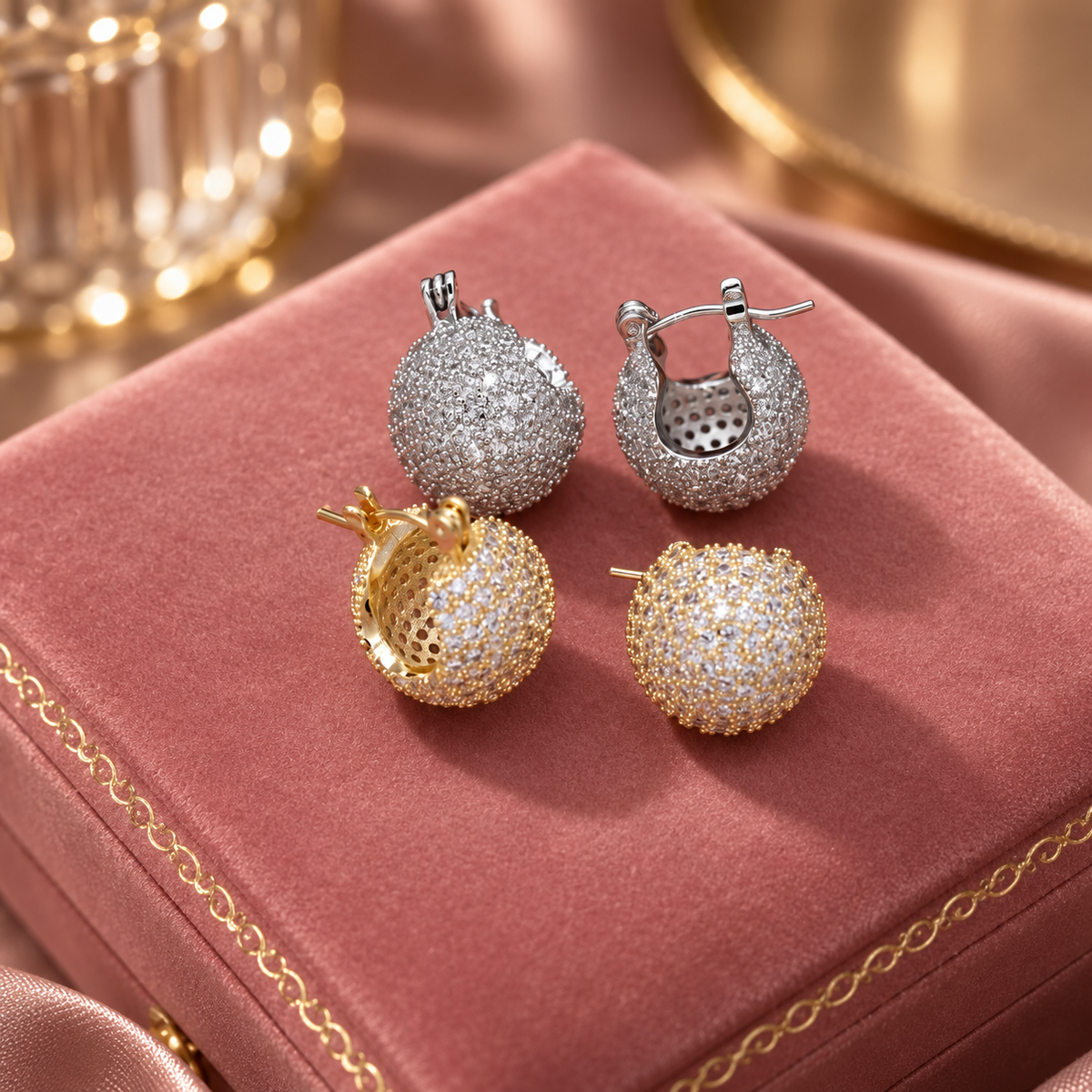 Cecilia Pavé Dome Hoop Earrings – Crystal Statement Earrings in Gold, Silver or Black Tone
