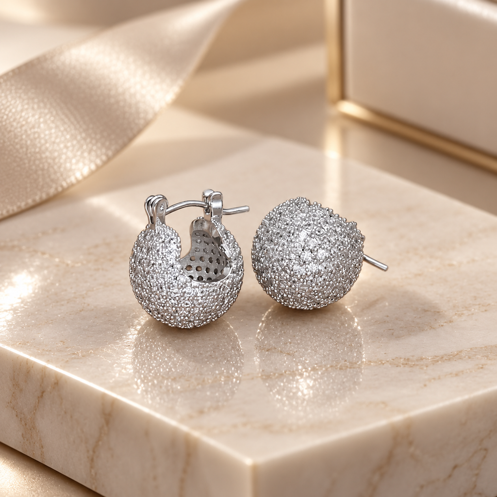 Cecilia Pavé Dome Hoop Earrings – Crystal Statement Earrings in Gold, Silver or Black Tone