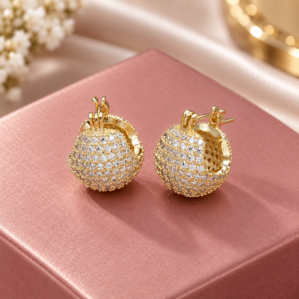 Cecilia Pavé Dome Hoop Earrings – Crystal Statement Earrings in Gold, Silver or Black Tone