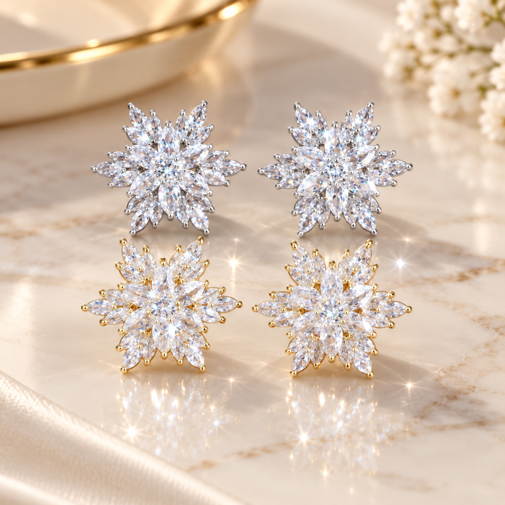 Isabella Crystal Snowflake Stud Earrings – Gold & Silver Tone Statement Earrings